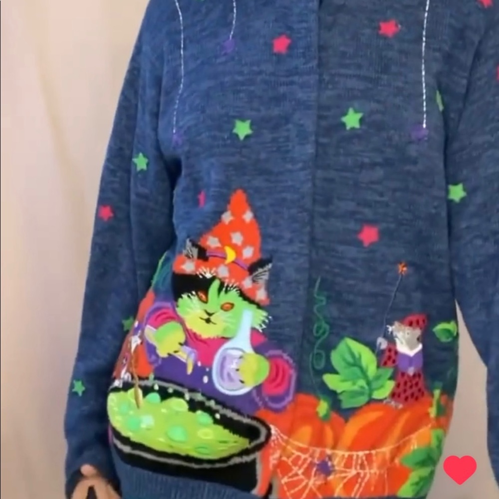 ISO Halloween Witch Cat Sweater Cardigan Vintage Mice Green